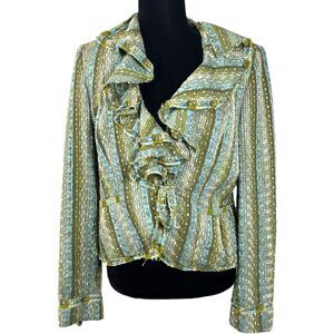ECI Tweed Bucle Green Blue Cropped Blazer jacket Women's Size 10